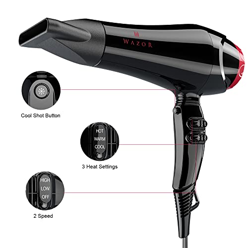 Professional 1875W Negative Ionic Hair Dryer - Lightweight Salon Blow Dryer with Pro AC Motor, Concentrator Nozzle, 2 Speed & 3 Heat Settings, Black
