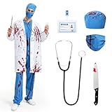 disfraz doctor jekyll y mister hyde 6 YOOHBERRYS Disfraz Zombie Médico Hombre, Disfraz Doctor Halloween Terror, Trajes Cirujano Halloween Adulto con Bata, Camiseta, Pantalones, Gorro, Mascarilla, Estetoscopio, Cuchillo y Credencial (XL)