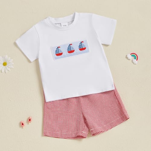 Image of 4th Of July Toddler Boy Outfit Popsicle American Flag T-Shirt and Gingham Plaid Shorts Set Independence Day Clothes