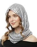 Simlakey Sequin Rave Hood Rave Scarf Outfit Accessories for Women Glitter Hooded Head Scarf for Halloween Concert Costume(Silver)