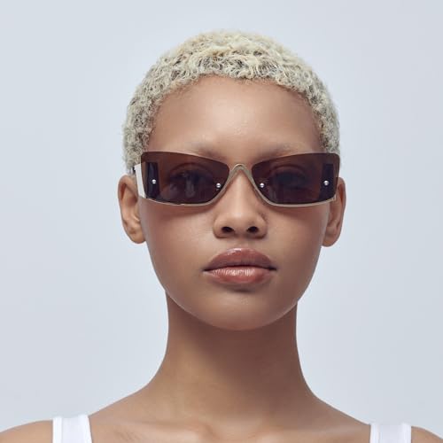 Mad Shade Sunglasses for Men & Women, Futuristic Cat Eye Shield Sleek Seamless Amber Lens, Trendy Summer Eyewear with UV400 Protection3