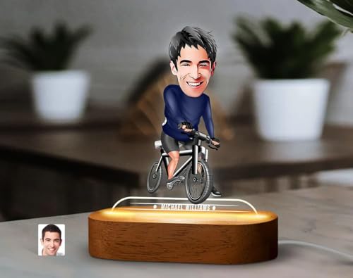 Image of THE GRANDEUR Caricature Gift for Men, Personalized LED Bicycle Cartoon Figurine Gift for Men - Custom Name Light with Wooden Base, Birthday Gift for Him, Cyclist Desk Decor, (15 x 6 cm)