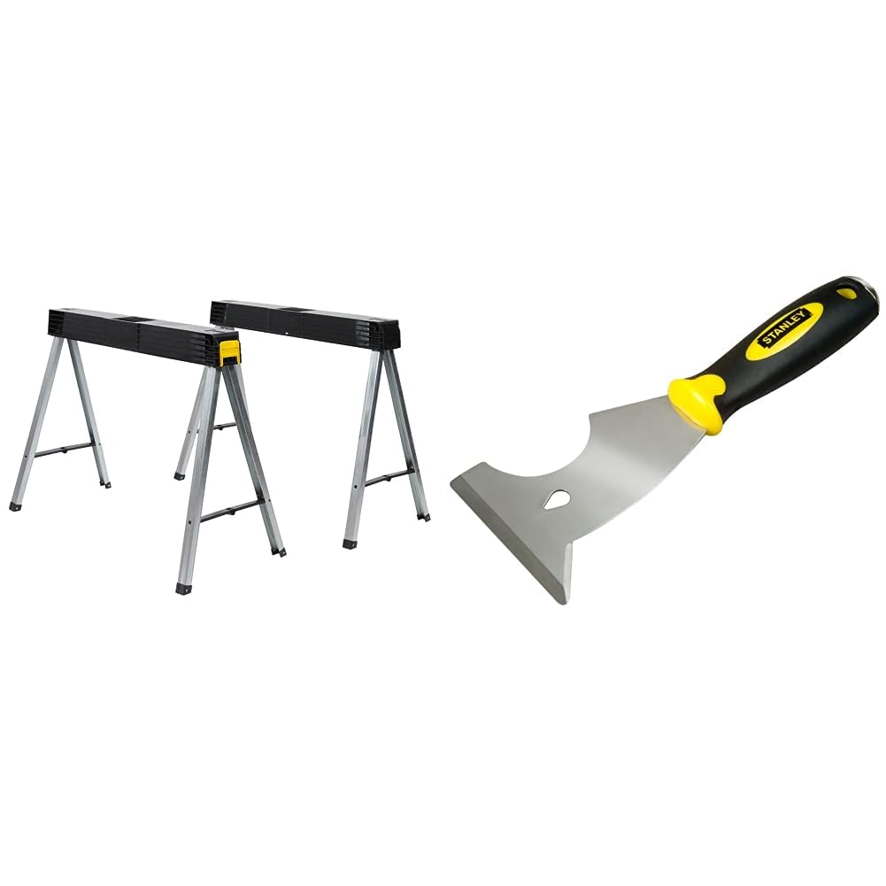 Stanley klappbares Unterstellbock Paar aus Metall 1-97-475 & Multifunktionsspachtel (22,4 cm Länge, 76 mm Klingenbreite, Spitzklinge, Bi-Material Handgriff) 0-28-206