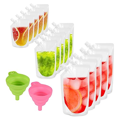 15Pcs Drink Pouches with 2pcs funnels for Festivals,Clear Juice Flasks,Reusable Leak Proof Travel Liquor Bags with Spout for Picnic Camping Party Sports Christmas Beverage Drinks-250ml,420ml,500ml