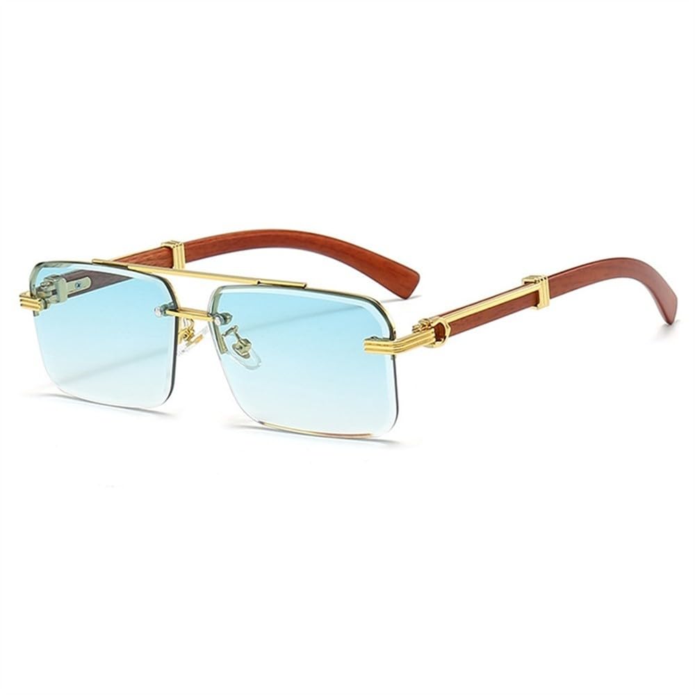 Herren-Sonnenbrille ohne Rand, Vintage-Rechteckgläser, Bügel in Holzoptik, Damen-Sonnenbrille