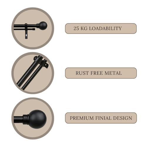 Image of 48 inch-88 inch Adjustable Double Curtain Rod For Door & Windows With Brackets Set Curtains Hanging Extendable Iron Metal Pipe Holder With Ross Grey Metal Finial (Black, 0.78 inch Diameter)