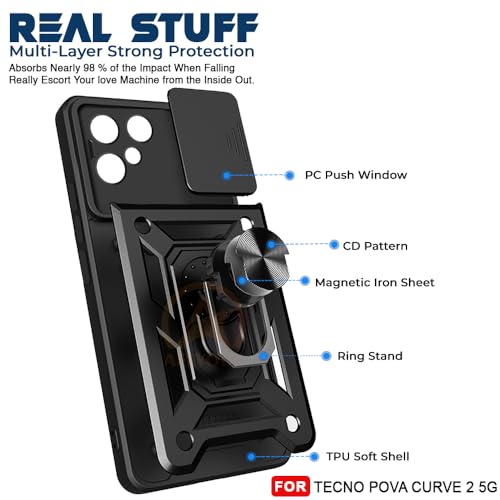 Image of Armor Bumper Back Cover Case for Tecno Pova Curve 2 | Rotating Camera Cover, Ring Holder & Kickstand | Heavy Duty & 360 Degree Protection Tecno Pova Curve 2 Back Cover (Black)