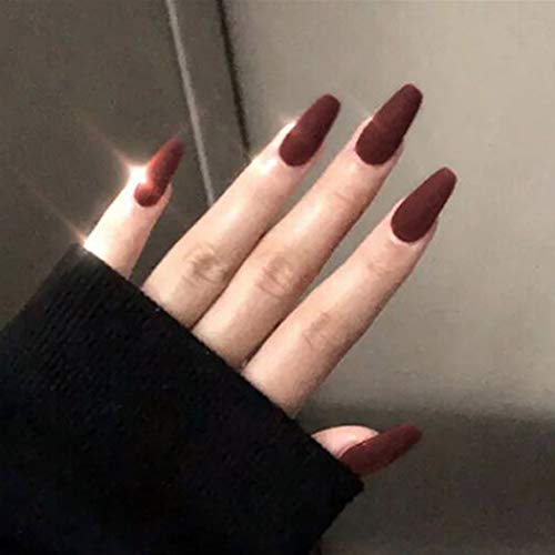 Vinzar Coffin False Nail Full Cover Medium Ballerina Nails Red Fake Nail Matte Acrylic Nail Tips Clip on Nail for Women and Girls（24Pcs）