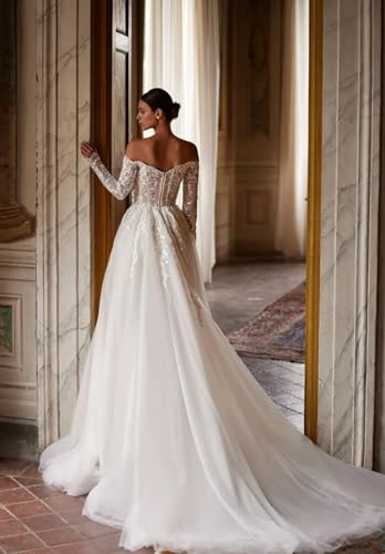 Off Shoulder Tulle Wedding Dress A-Line Lace Applique Bridal Dresses for Bride 2025 with Train4