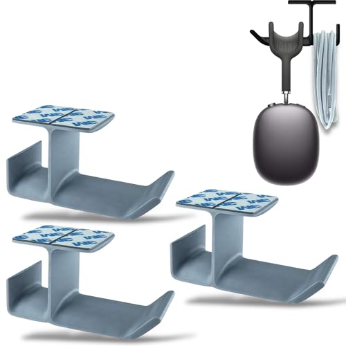 Image of SRS Under Desk Headphone Stand with Cable Organizer Storage Options | Headphone & Cable Hook Holder Hanger | Stick-ON Adhesive with Surface Cleaning Wipes (Silver, Pack of 3)