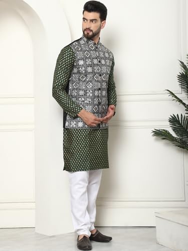 Image of SOJANYA (Since 1958 Men's Silk Blend Printed Kurta and White Pyjama with Embroidered Nehru Jacket