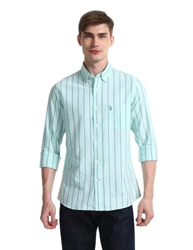 Image of U.S. Polo ASSN. Striped Regular Fit Cotton Shirts for Men - 100% Cotton, Full Sleeve Mens Casual Shirts