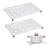 Sumnacon 2 Pack Rectangle Cast Iron Trivets, Rustic Iron Hot Dish Plate Trivet for Kitchen Countertop Dining Table (White, 9.6 x 6.3 Inch)