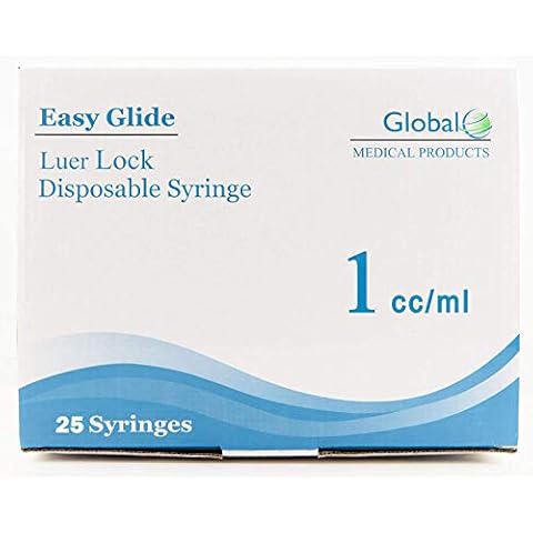 1ml Easy Glide Sterile Syringe Only with Luer Lock Tip, 25 Sterile Syringes, No Needle Cover