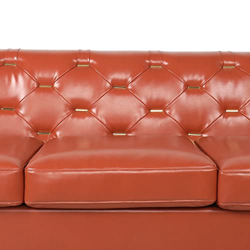 Nosga Modern 3 Seater Sofa, Modern Living Room Sofa, 84”Metal Pull Buckle Upholstered Sofa With High Arms And Metal Legs Pu Sofa For Bedroom, Office And Living Room (Pu-Orange) #TOP3