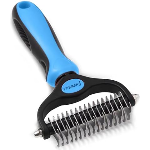 JASWELL Pet Grooming Tool- 2 Sided Undercoat Rake for Dogs &Cats-Safe and Effective Dematting Comb for Mats&Tangles Removing-No More Nasty Shedding or Flying Hair Blue Cover