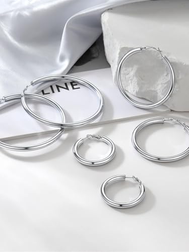 Image of Stainless Steel Chunky Hoop Earrings For Women, Minimalist and Chic, Black /Gold Plated, Round Hoops Earrings Hypoallergenic, Size: 30mm /40mm /60mm /80mm, Come with Box