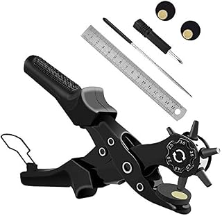 Leather Hole Punch, [Upgraded Version][Perfect Full Set] Diyife Belt Puncher, Heavy Duty Revolving Plier Tool with 3 Extra Plates Ruler Grinding Rod, Multi Sized for Crafts, Card, Rubber (Black)