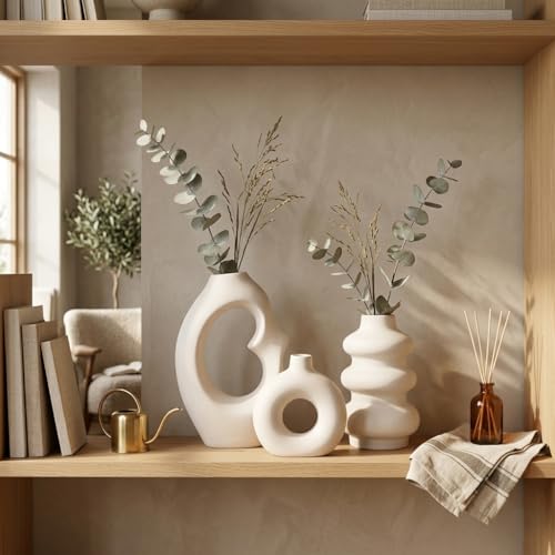Image of Ceramic Decorative Vase Set of 3 | Modern Nordic Donut Shape Vases | Aesthetic Flower Vase for Home Decoration, Living Room, Office, Shelf Styling | Matte Finish