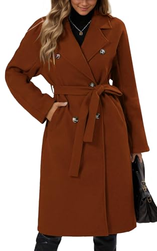 Maeau Langer Mantel aus Tweed, für Damen, zweireihig, Herbst, Winter, lange Jacke, warm, elegant, lässig, langer Trenchcoat mit Gürtel, Größe S bis XL, braun, 46