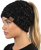 Funky Junque Ponytail Beanie for Women – Ponyback Winter Hat with Soft Stretch Cable Knit, High Pony Messy Bun Hats for Running and Cold Weather Activities - Confetti Black
