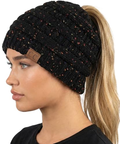 Funky Junque Ponytail Beanie for Women – Ponyback Winter Hat with Soft Stretch Cable Knit, High Pony Messy Bun Hats for Running and Cold Weather Activities - Confetti Black