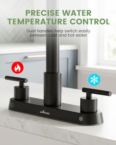 Image of APPASO 4 Hole Kitchen Faucet Matte Black, Dual Handle with Soap Dispenser | Black Kitchen Faucet with Pull Down Sprayer, Square Neck Stainless Steel, Fit for 3 or 4 Holes Standard Sinks, Spot Resist