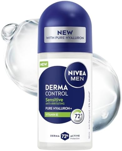 NIVEA MEN Derma Control Sensitive Antitranspirant für Männer roll on - 72h Schutz mit Hyaluronsäure und Vitamin E, 50ml