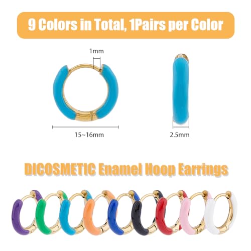 DICOSMETIC 9 Pairs Enamel Hoop Earring 15-16mm Colored Hoop Earrings 18K Gold Plated Huggie Hoop Earrings Small Cute Statement Earrings Stainless Steel Earrings Set Fashion Jewelry for Women2