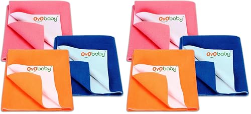 Image of OYO BABY Anti-Piling Fleece Extra Absorbent Instant Dry Sheet for Baby, Baby Bed Protector, Waterproof Sheet, Small Size 50x70cm, Pack of 6, Salmon Rose, Royal Blue & Peach