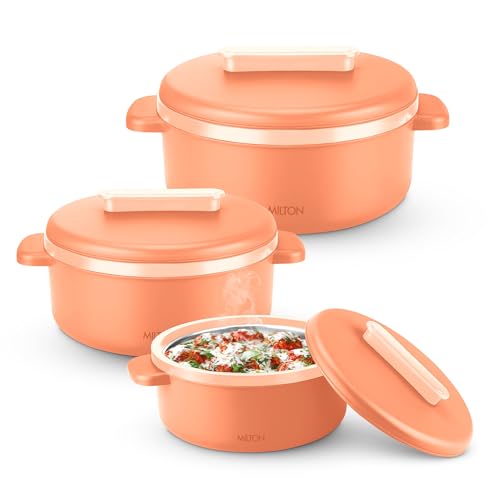 MILTON Micronova Jr. Gift Set Inner Stainless Steel Casserole, Set of 3 (380 ml, 775 ml, 1345 ml), Peach, BPA Free, Food Grade, Hot and Cold, Microwaverable Steel, Dishwasher Safe, Chapati, Roti