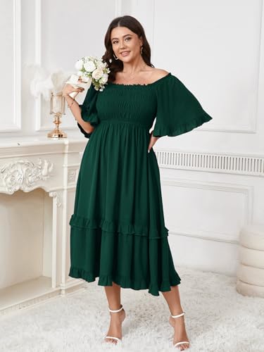 Image of SCOMCHIC Women's Plus Size Maxi Dresses Summer Short Sleeve Square Neck Smocked Wedding Guest Cocktail Boho Long Dress
