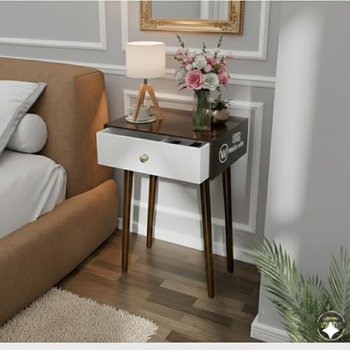 Image of Shoppee Wooden Antique 1- Drawer Wood Side Table Accent End Table for Living Room Solid Wood Leg Classic Bedside Table Nightstand for Bedroom (Walnut & White)