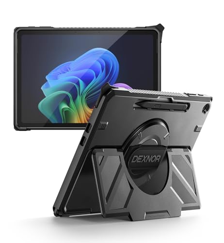 Dexnor for Microsoft Surface Pro 12 inch 2025 Rugged Protective Case with 360 Rotating Hand Strap & Large Stand & Pen Holder Shockproof Full-Body Cover Black