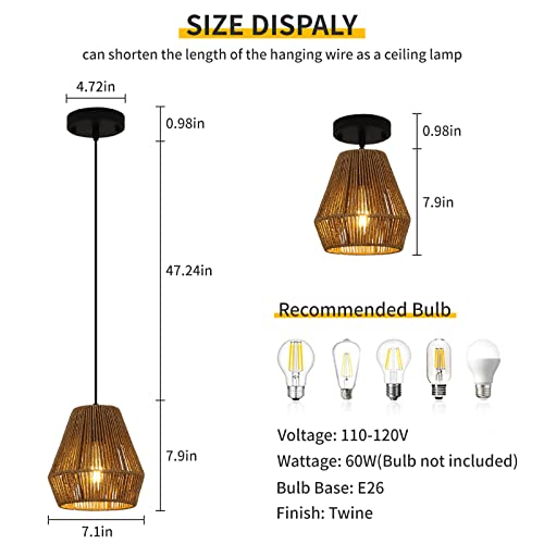 PINDODO Woven Pendant Light,7" Boho Hanging Lamp with Handwoven Rattan Lamp Shade,Coastal Farmhouse Pendant Light Fixtures for Kitchen Island Bedroom Living Room Bar Foyer Hallway,2 Pack - Image 4