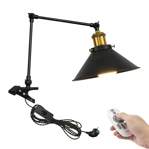 FSLiving Lámpara de pinza industrial con mando a distancia, ajustable clip en escritorio, lámpara de lectura regulable, lámpara de noche con brazo flexible para escritorio, mesita de noche, estante,