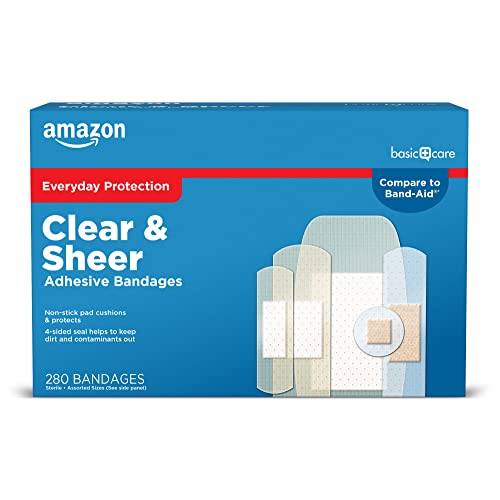 Amazon Basic Care Sheer and Clear Adhesive Bandages Family Variety Pack for Minor Cuts Scrapes First Aid and Wound Care Supplies Assorted Sizes 280 Count