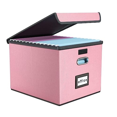 Finew Upgraded Portable File Organiser Box with Lid, Foldable Linen Hanging Filing Storage Boxes with Plastic Slide, Decorative Home/Office Filing System for File and Folders Storage (Pink)