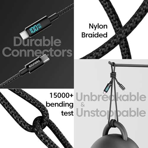 Sounce Unbreakable Type C to Type C 100W Fast Charging Cable with LED Display, 5A Max Output, Fast Data Sync, 1.5 Meter Cable for Smartphones, Tablets, Tangle Resistance supports Laptop Charging 6 41Uvzbdy ML