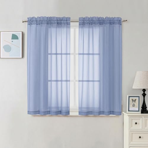 Image of Chyhomenyc Sheer Curtains 54 Inch Long 2 Panels Set - Light Filtering Short Soft Airy Short Cafe Curtains, Modern Rod Pocket for Dinning Living Room Bedroom, 42Wx54L Inch, Denim Blue