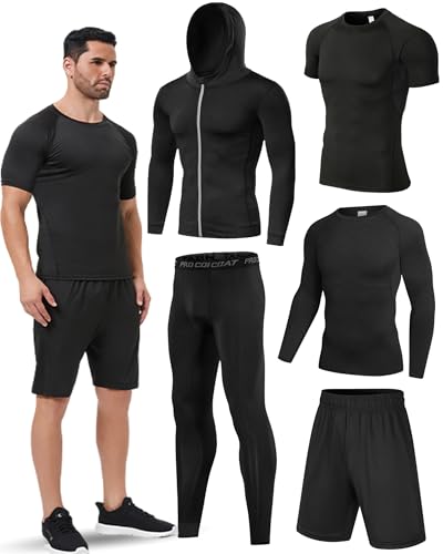 5Pcs Men Compression Workout Set,Compression Pants Shirt Top Long Sleeve Jacket for Gym,Men Athletic Baselayer Sets