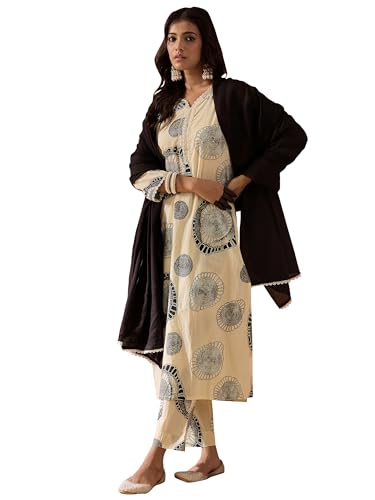 Image of INDO ERA Women's Printed Pure Cotton Calf Length Straight Kurta Pant With Dupatta Set (Kh0Cr6165)