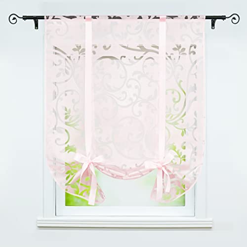 Joyswahl Store Romain Transparent avec Ruban en Satin Motif de Fleurs Passe Tringle Rideau Voilage pour Cuisine Chambre Rose LxH 80x140cm 1 Pièce
