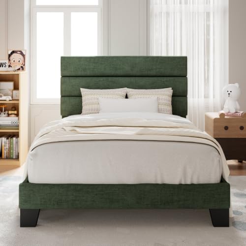 Image of Allewie Twin Size Platform Bed Frame with Fabric Upholstered Headboard and Wooden Slats Support, Fully Upholstered Mattress Foundation /No Box Spring Needed /Easy Assembly, Green