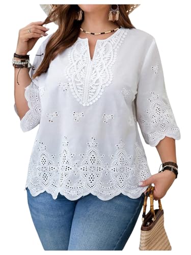 MakeMeChic Women's Plus Size Eyelet Blouse Embroidery 3/4 Sleeve Notch Neck Fall Casual Shirt