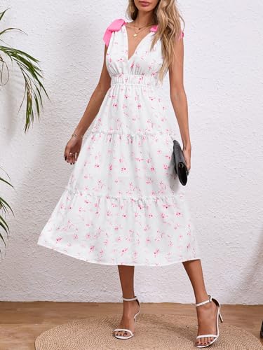 Image of Wenrine Womens Summer Floral Maxi Dress Casual Self Tie Sleeveless V Neck Smocked Boho Tiered Beach Sundresses
