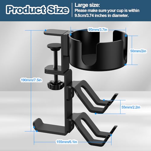 Image of 4 in 1 Desk Cup Holder with Headphone Hanger and Controller Stand Gaming Accessories, Universal Adjustable & Rotating Upgraded Arm Clamp for Coffee Mugs, Water Bottles, Headphones, Controller.