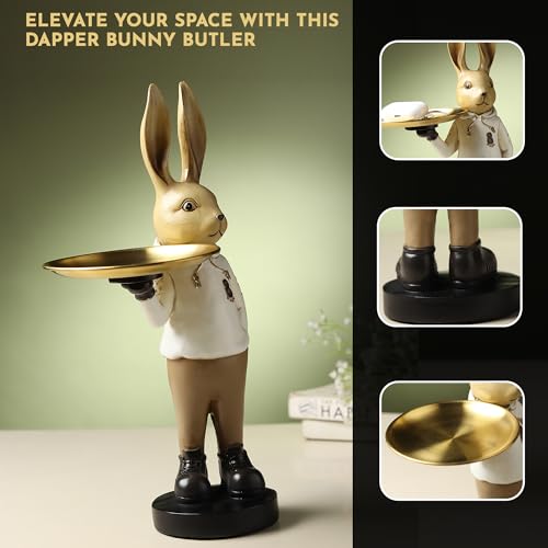 Image of ARMONIA Decorative Rabbit Butler Figurine with Gold Tray, Premium Matte Finish, Decoration for Home & Office, 37 cm Tall