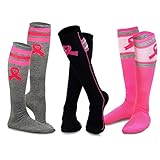 TeeHee Breast Cancer Awareness Cotton Knee High Socks for Women 3-Pack (Pink Ribbons and Stripes)