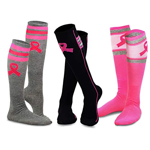 TeeHee Breast Cancer Awareness Cotton Knee High Socks for Women 3-Pack (Pink Ribbons and Stripes)
